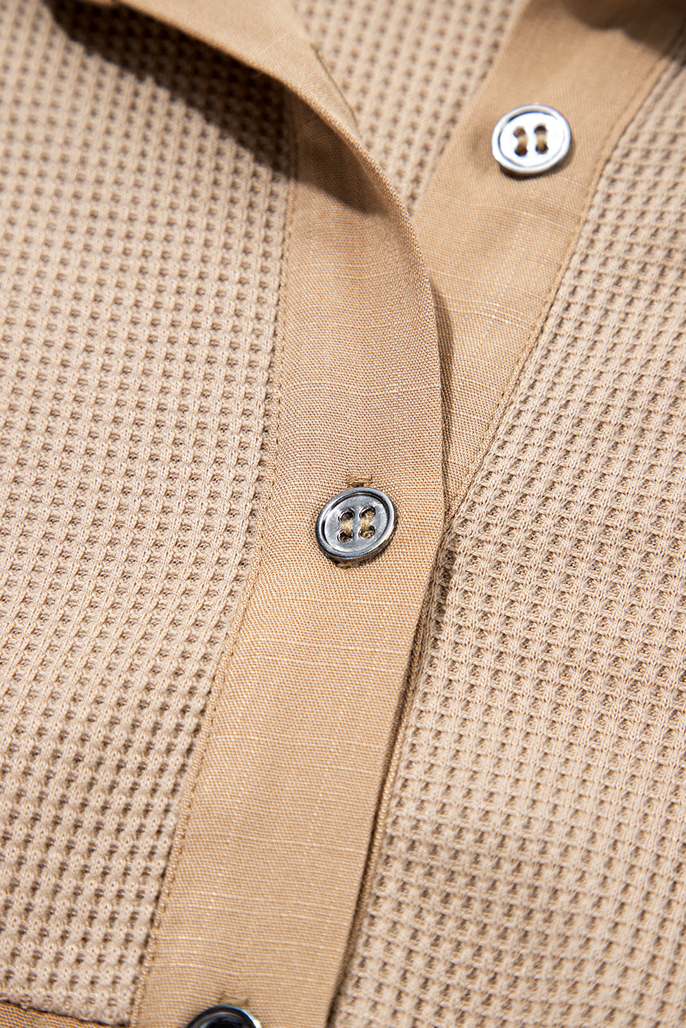 Light French Beige Waffle Patchwork Button Up Frayed Hem Shirt 66d2abe666b7ed24