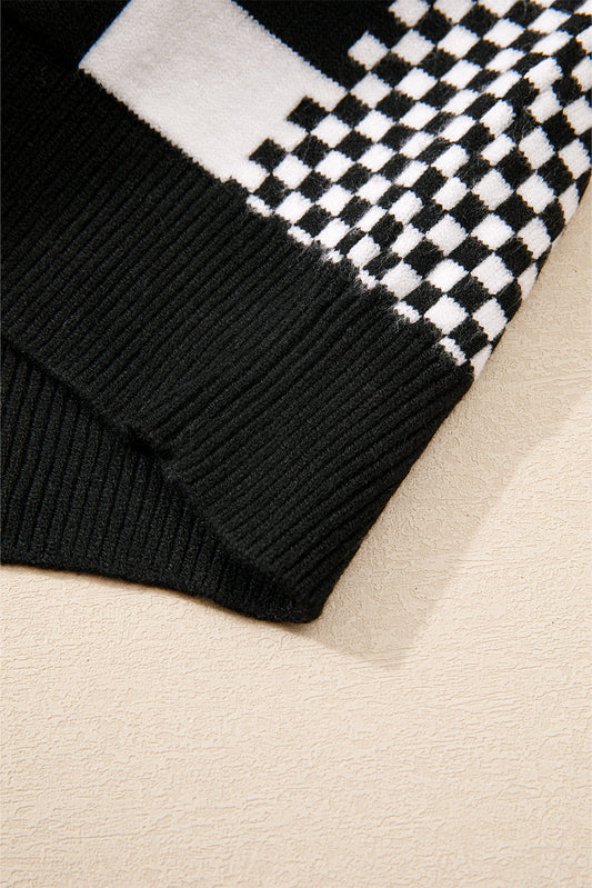 Black Checkered Drop Shoulder Round Neck Sweater 66da6e0edde6856b