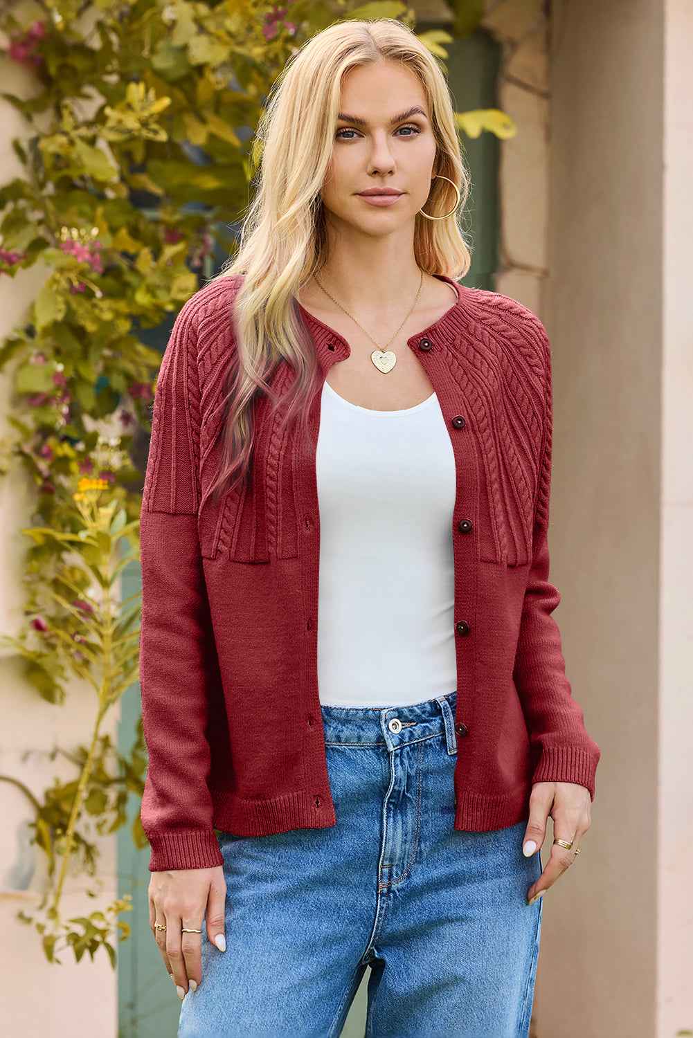 Light Pink Solid Color Textured Detail Button Down Long Sleeve Sweater Cardigan 66dae378720cf8d0