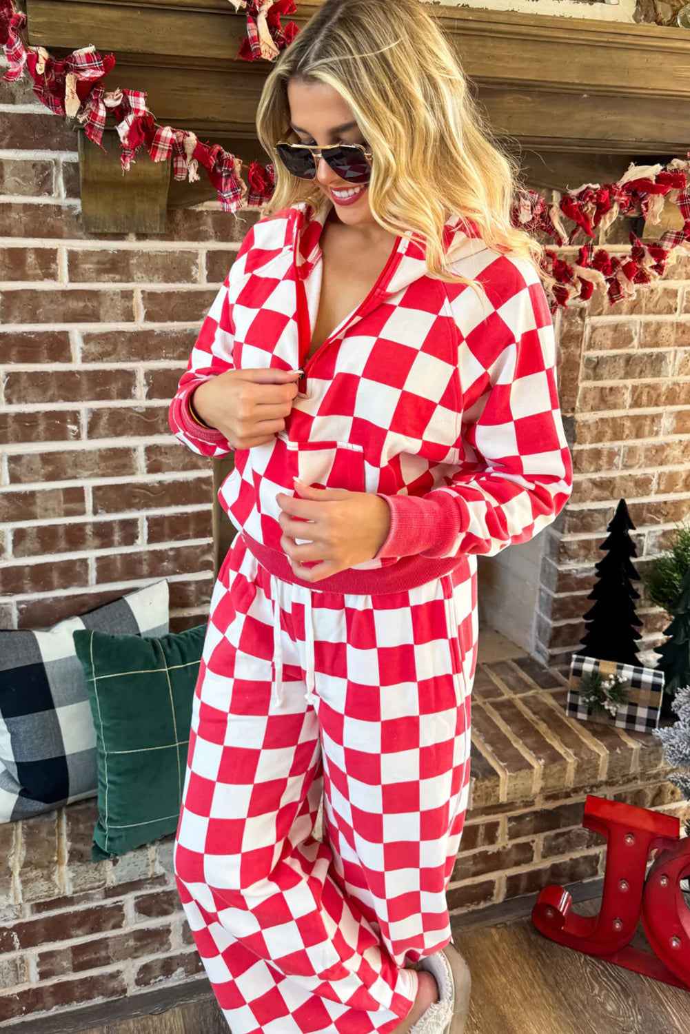 Red Checkered Print Half Zip Hoodie Loose Pant Set 66dc6a496bb6c88e