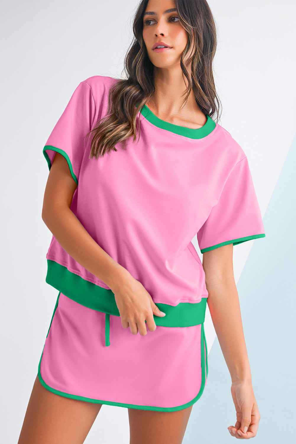 Black Colorblock Edge Drop Shoulder T Shirt and Skort Set 66dfe92f8f96bff4