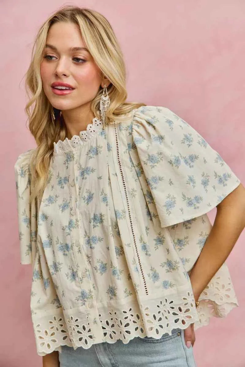 SO ME Floral Print Lace Trim Flutter Sleeves Blouse 66e2d2ab-990b-4876-9922-bd0f4d17b91f-Max-Origin