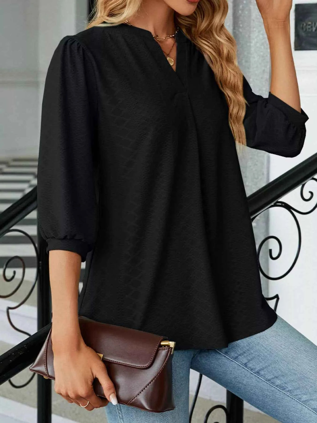 Notched 3/4 Sleeve Casual Top 66e5c81d-4d69-4147-9520-5d0c52efdbe6-Max-Origin