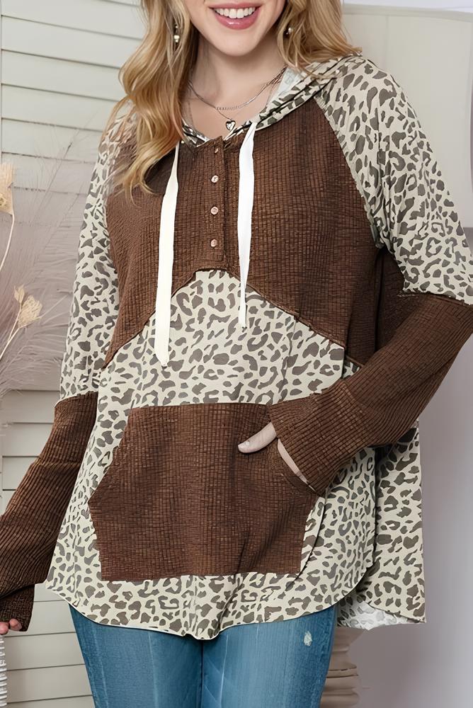 Leopard Ribbed Patchwork Drawstring Hoodie