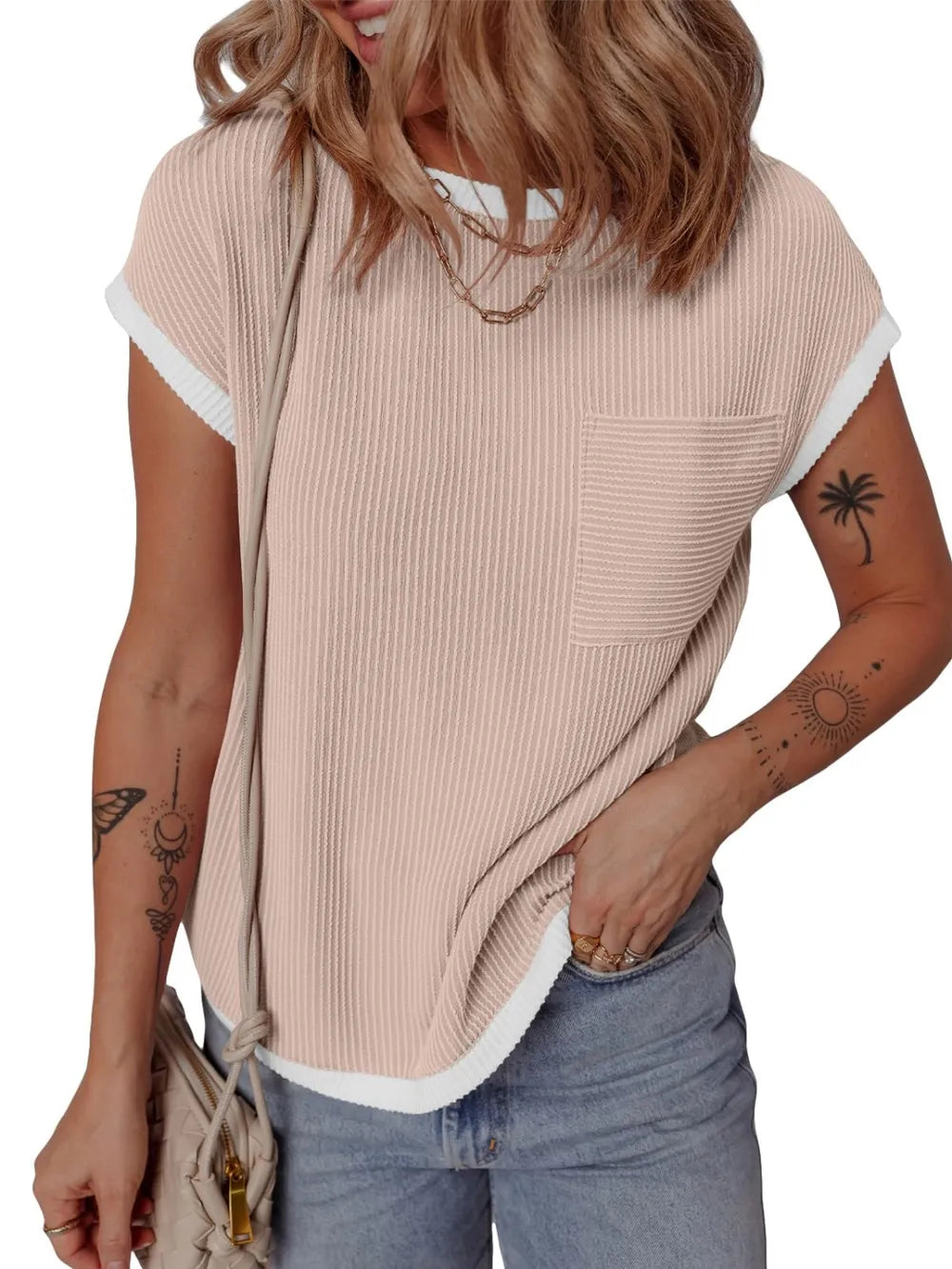 Contrast Trim Round Neck Short Sleeve T-Shirt 66ec8ddc-6b21-4496-9daa-f1f663cd0f79-Max