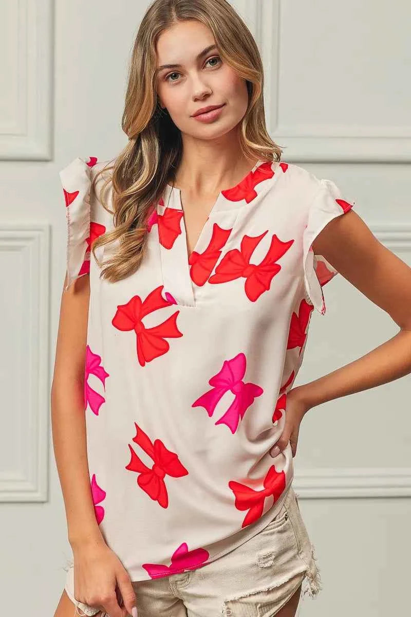 Bow Printed Woven Ruffled Sleeves V Neck Top 66f02848db64499aa69d2f159d482035-Max-Origin
