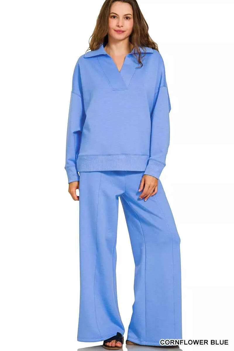 Zenana Scuba Collared Pullover and Pants Set CORNFLOWER BLUE 66f37cd02915441eab14475a9cb5a0f8-Max-Origin