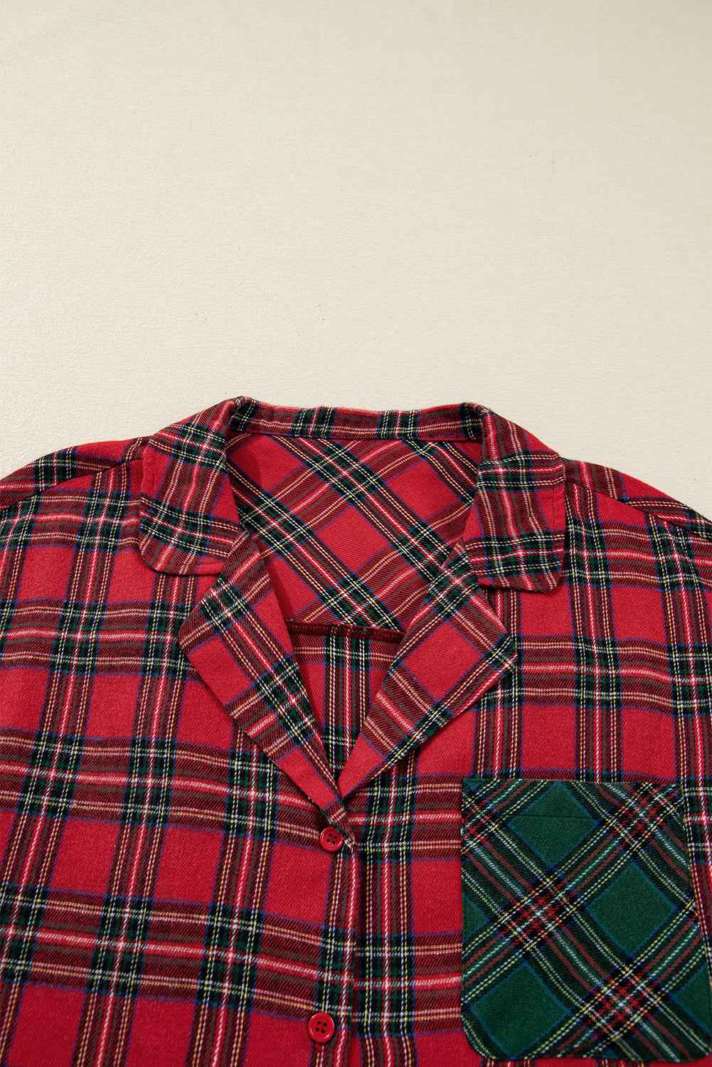 Red Plus Size Plaid Patchwork Long Sleeve Shirt and Shorts Pajama Set 66f38caa1c879a2e