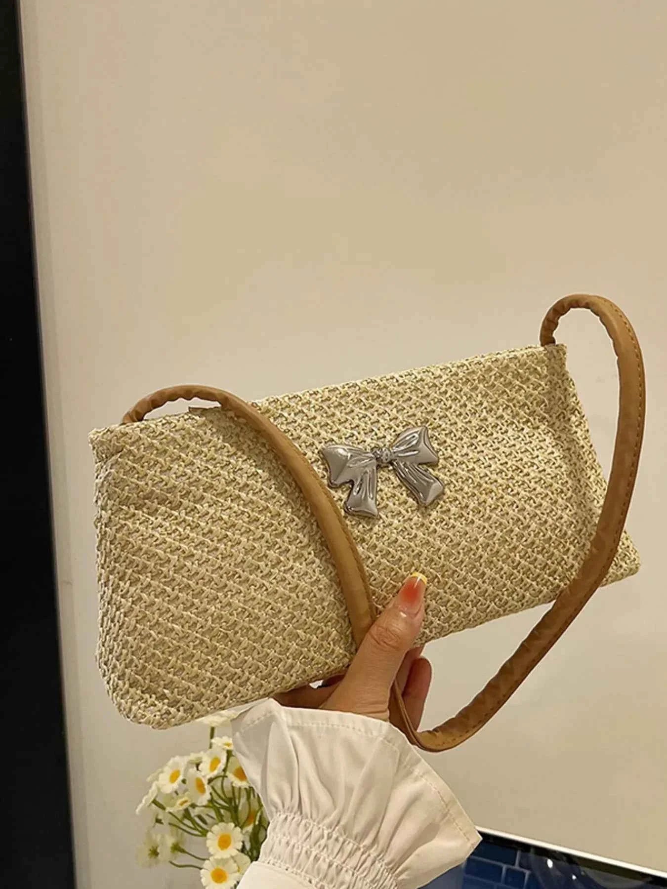 Woven Straw Shoulder Bag with Bow Detail Khaki One Size 66f6cfcc1b4c4a5188d0c365c24ffd8f-Max-Origin
