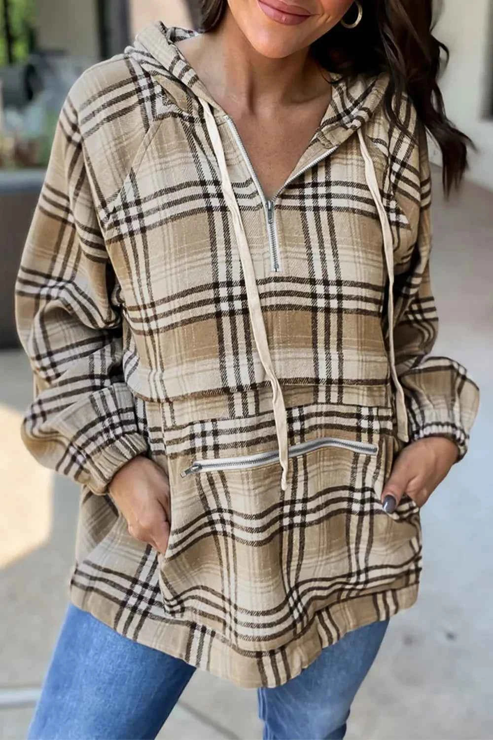 Drawstring Plaid Half Zip Raglan Sleeve Hoodie Plaid 66f790c7-2d6d-4010-ba2c-f05a55f034aa-Max