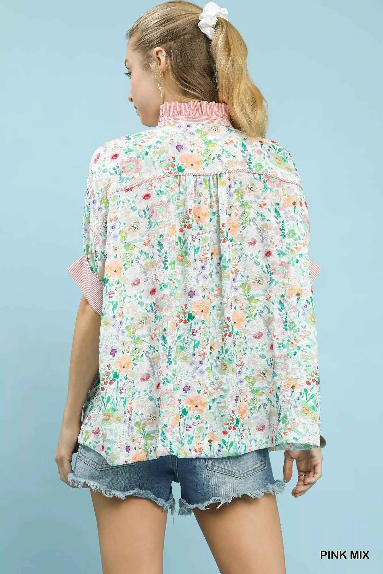 Umgee Jacquard Floral Print Button-Down Shirt