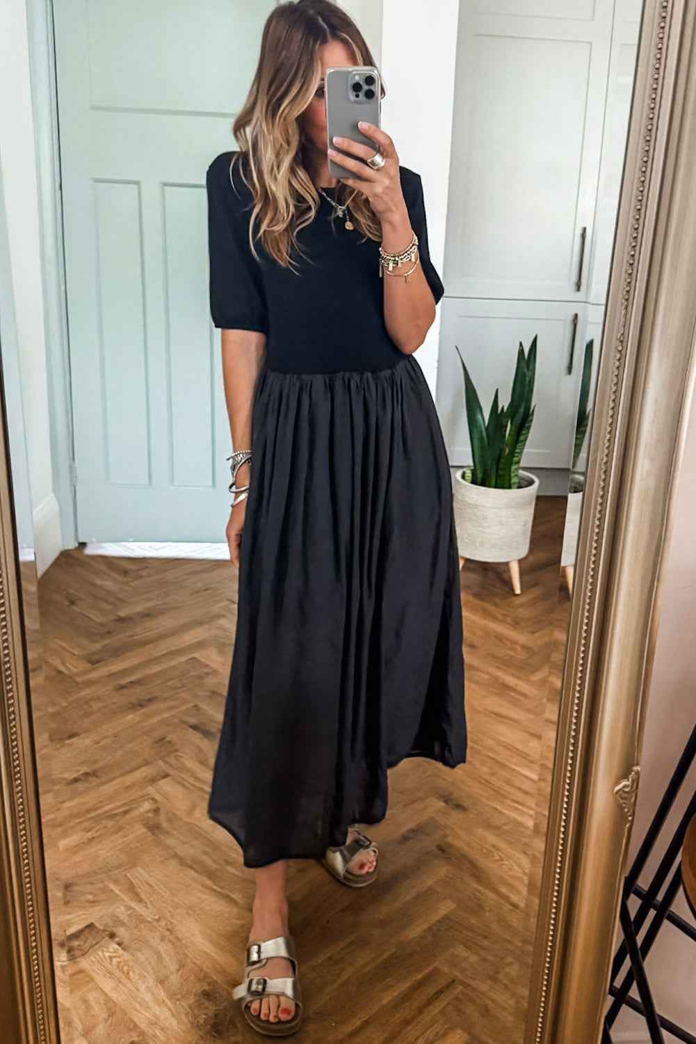 Black Short Sleeve Knit Top Patchwork Pleated Long Dress 66f91f4a5695c99d