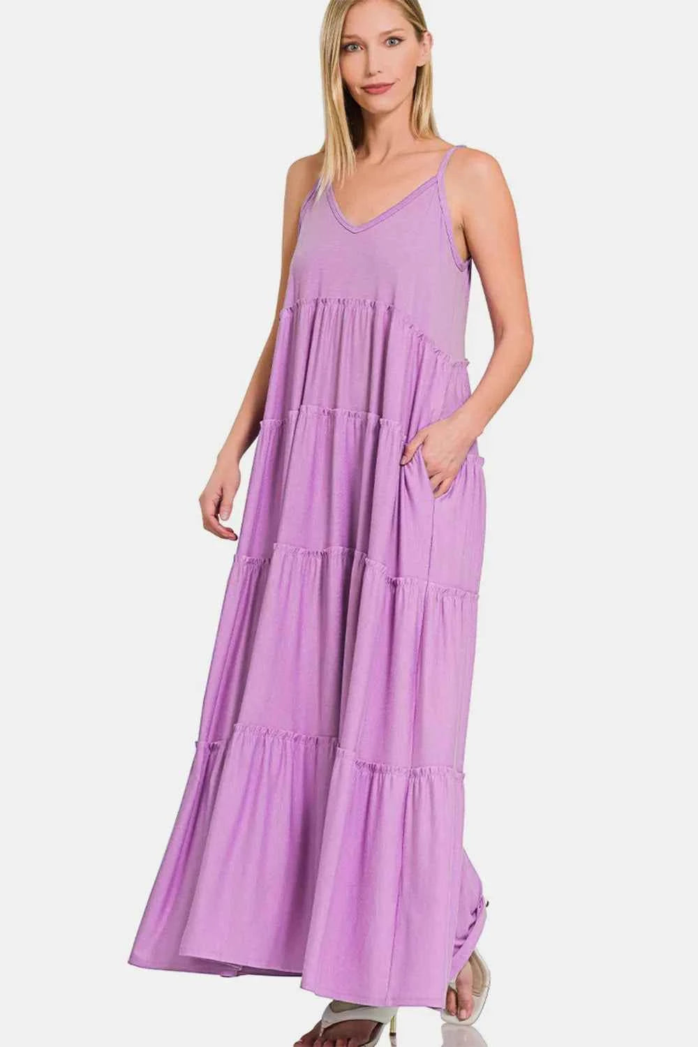Zenana Frill Tiered V-Neck Maxi Cami Dress 66fc6fe1-fb85-4068-b0ea-17411fac486f-Max