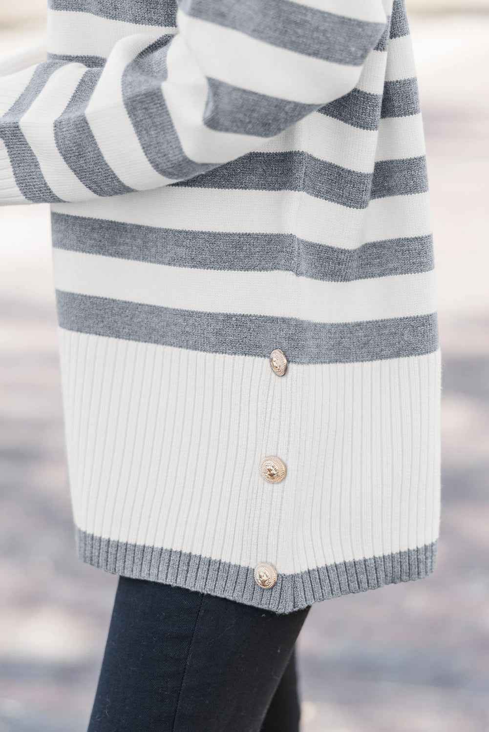 Gray Stripe Ribbed Buttoned Detail Drop Shoulder Tunic Sweater 66fe5926b27c1463