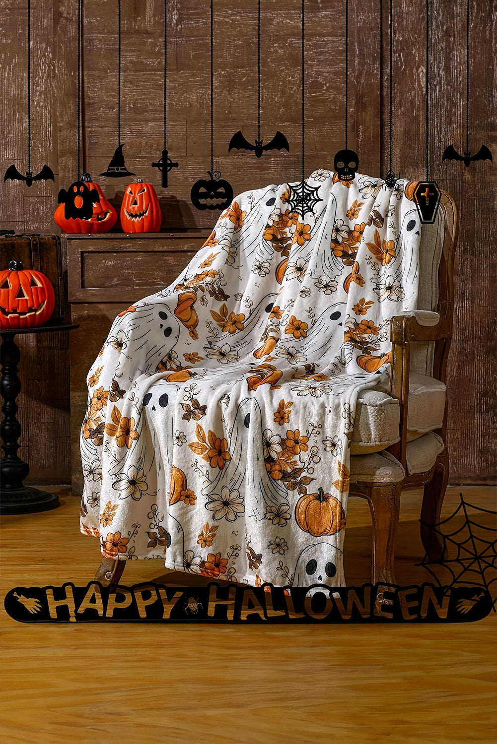 Orange Halloween Ghost Pumpkin Flower Throw Blanket 67020c51a0bc235f