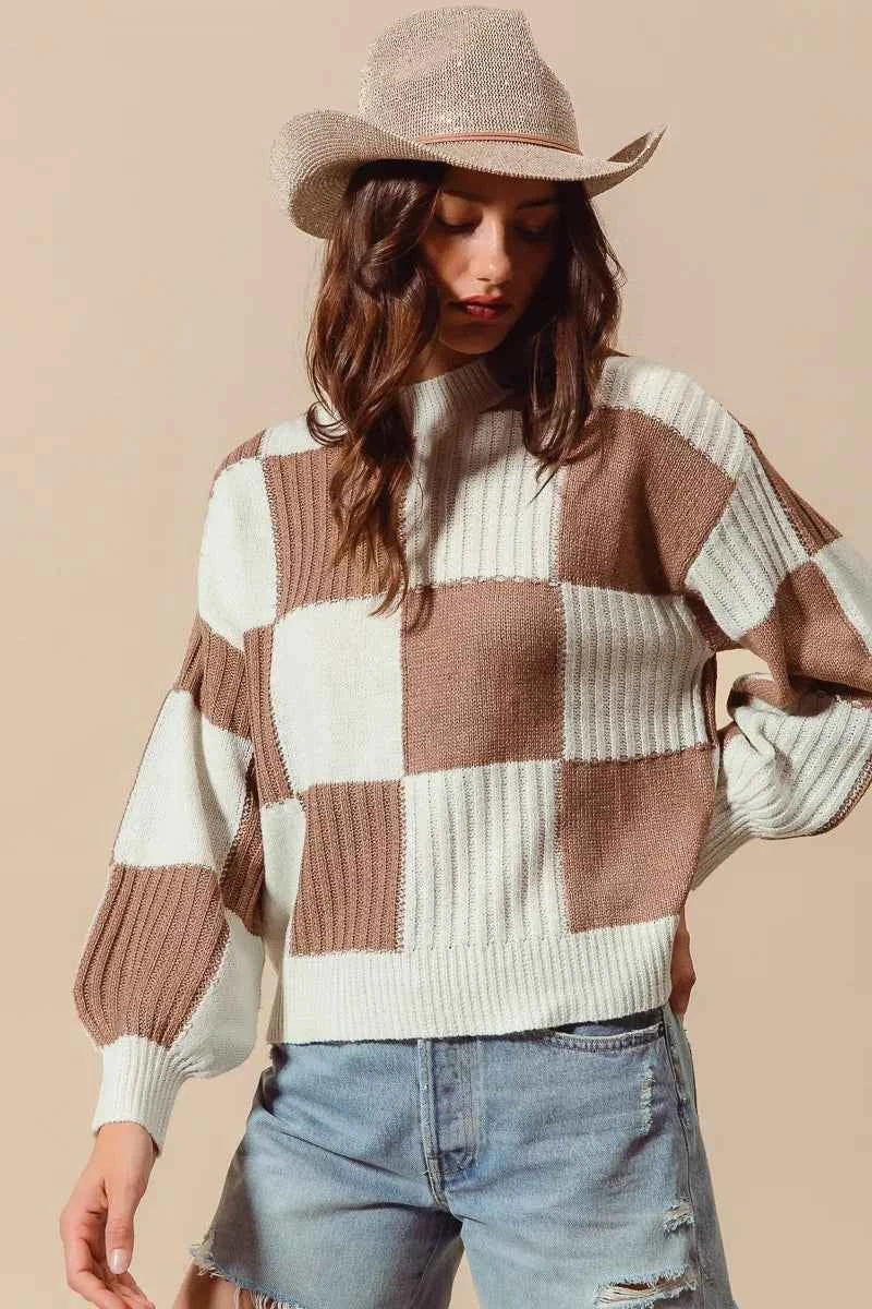 SO ME Ribbed Color Block Checkered Plaid Sweater 670374214bb84cff9d7fde9991765ee1-Max-Origin