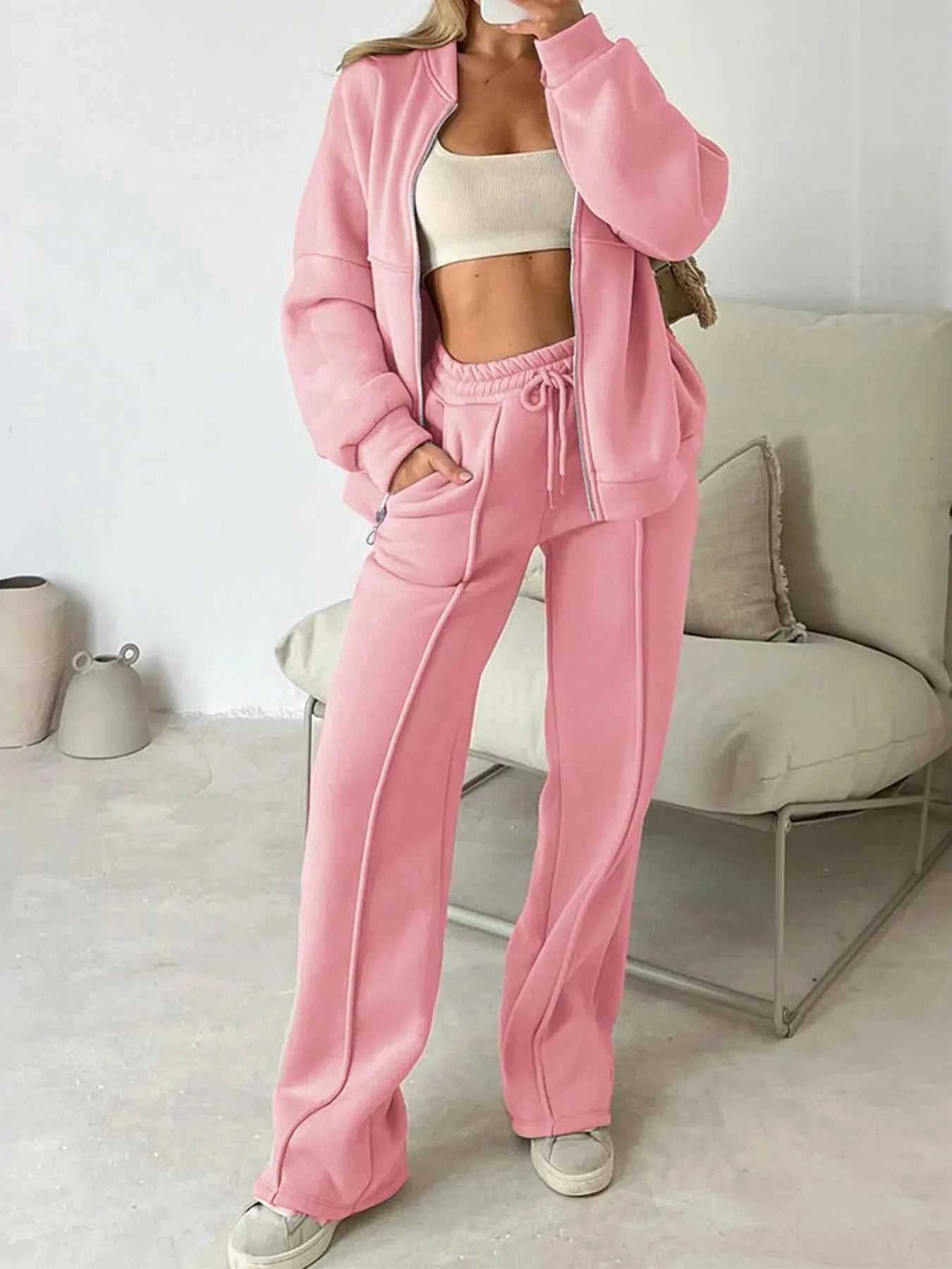 Zipper Up Jacket and Drawstring Pants Set Pink 67064132-e9a1-46a2-aa36-990f0d15b665-Max-Origin