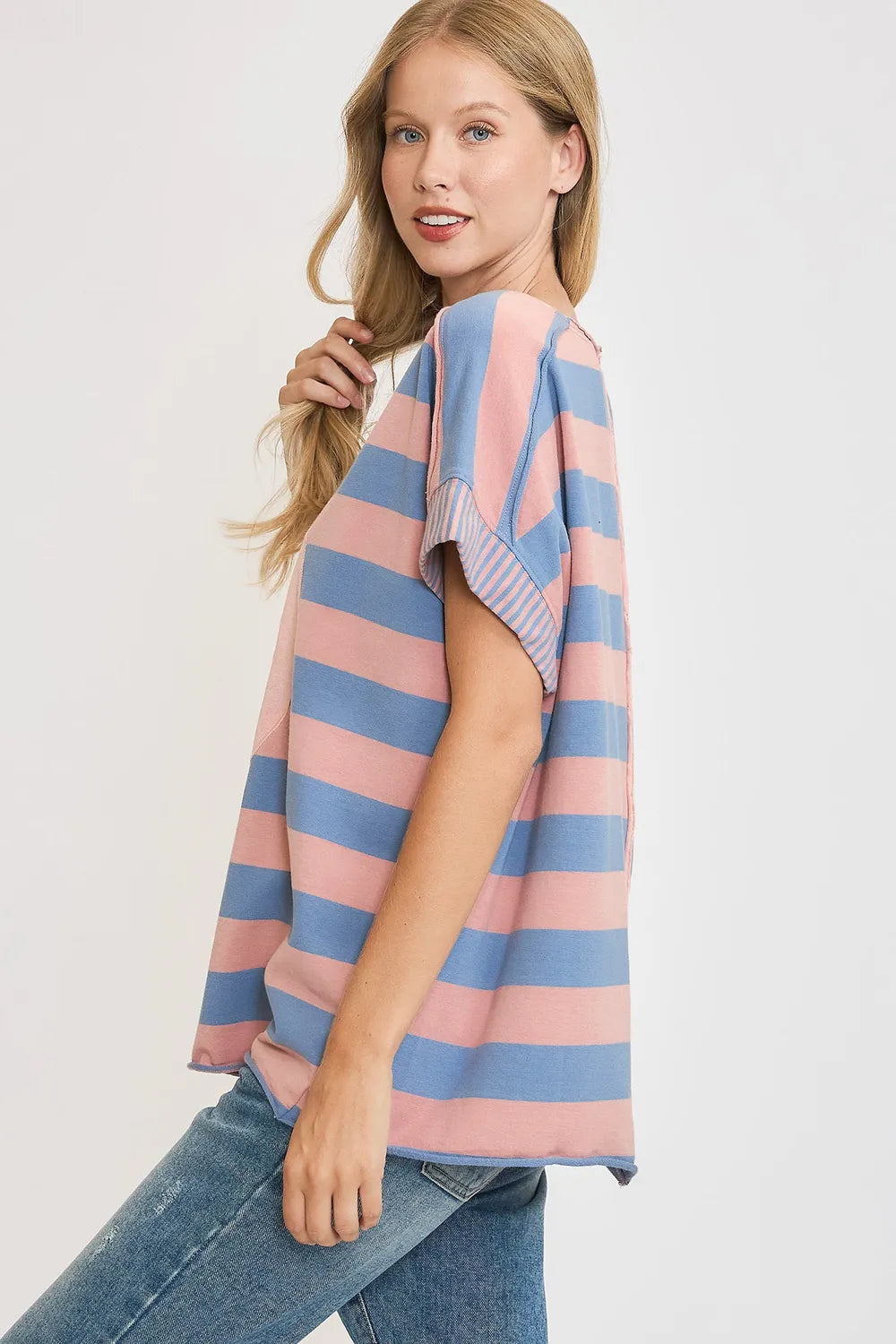 Umgee Peace Sign Patch Striped French Terry T-Shirt 670994ab-cd38-4b49-a826-5bfa65c412ce-Max