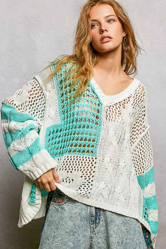Color-Blocked Stripe Pattern Knit Top with Twisted Weave 670a3f84-5044-45fc-8eb6-e4ed7facb5a1-Max-Origin
