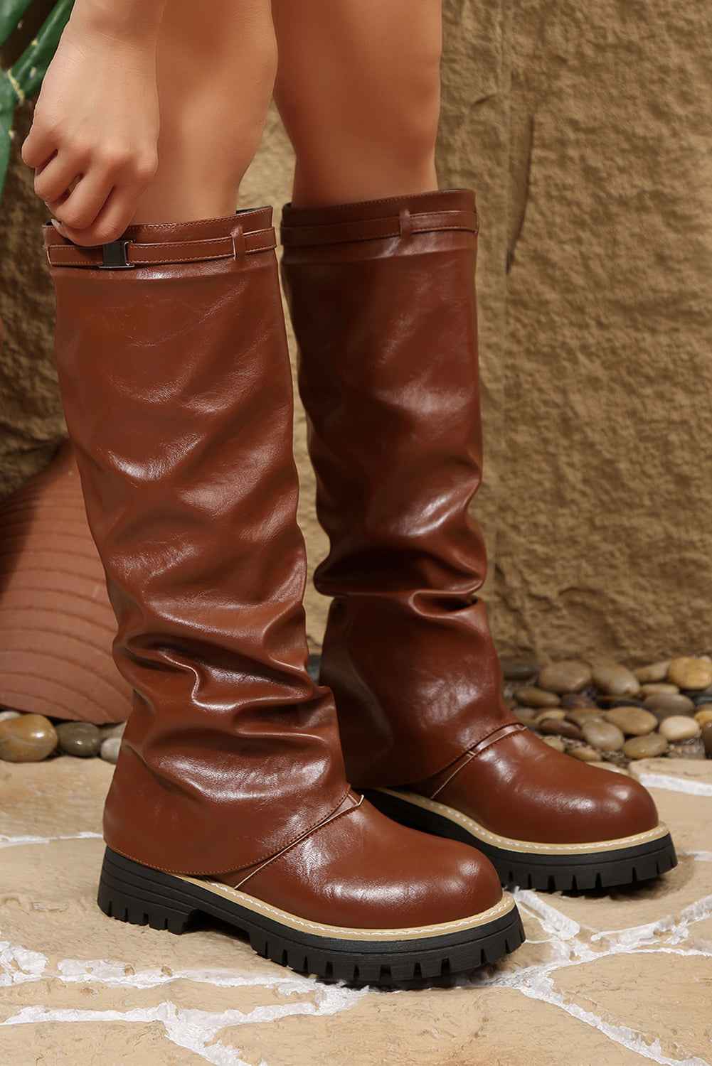 Coffee PU Leather Belted Detail Knee High Boots Coffee PU Leather 670bf064b6e58a60