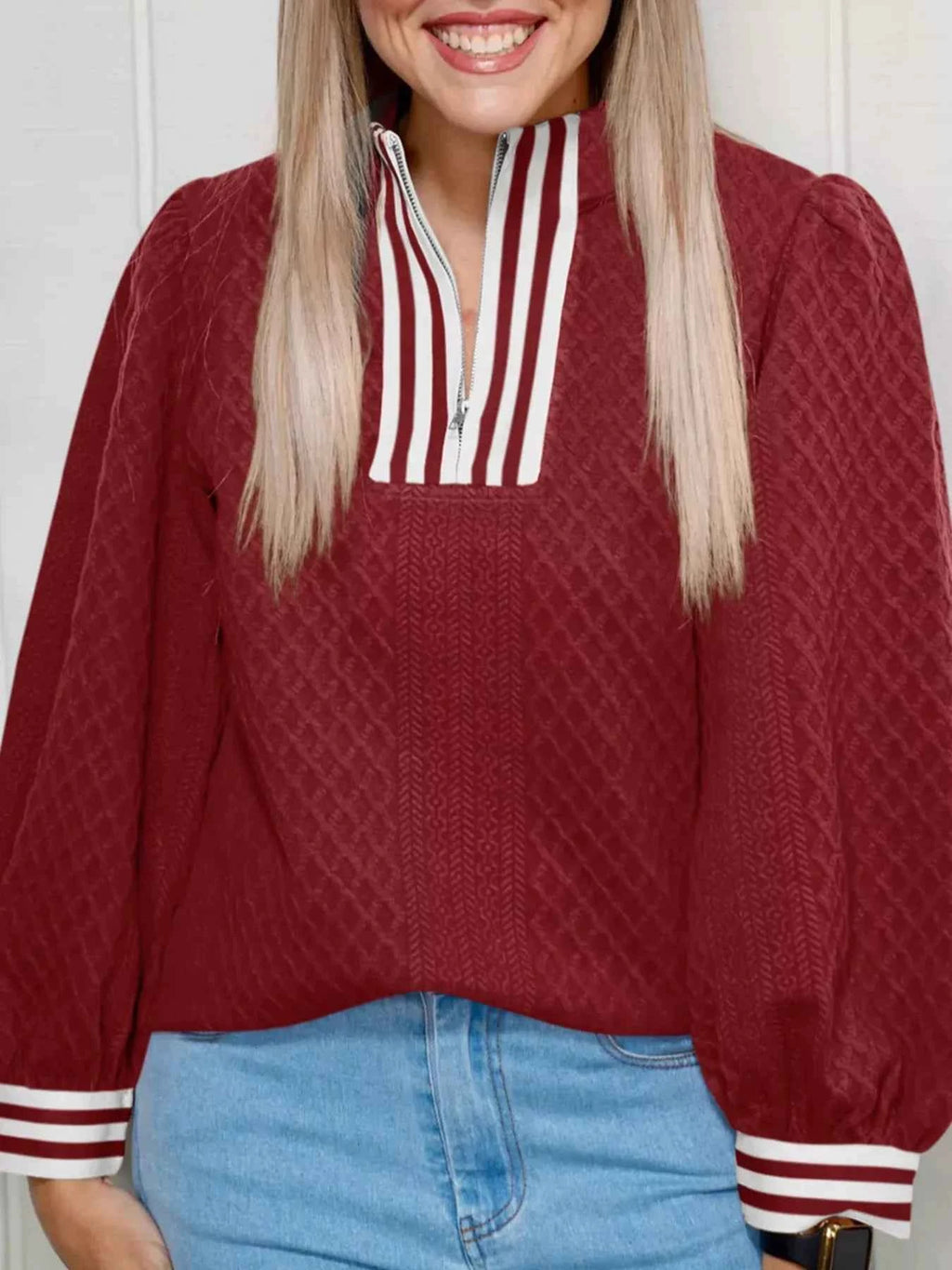 Striped Trim Zipper Blouse Burgundy 670f9a68-2a66-4776-999e-7bb1368508f5-Max-Origin