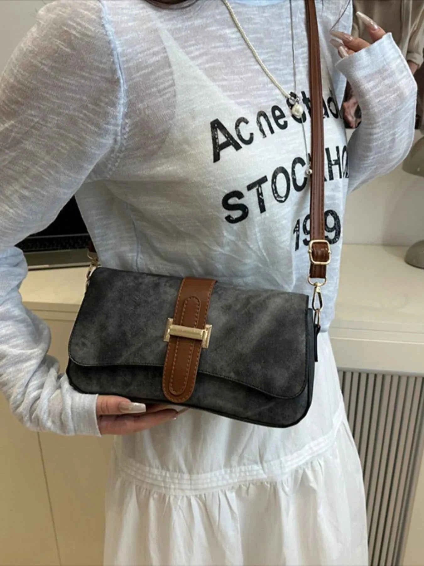 Leather Buckle Strap Crossbody Bag Black One Size 670fc1b3-ee60-4da5-9220-7428f534f444-Max-Origin