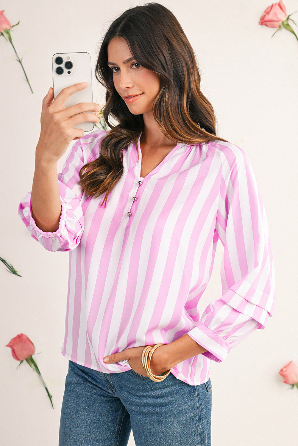 Rose Striped Button V Neck Raglan Sleeve Blouse 670fe1b32f303c94