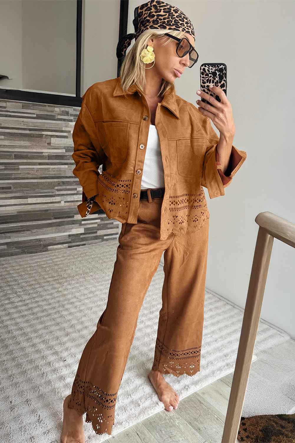 Thai Curry Solid Color Faux Suede Hollowed Detail Retro Style Jacket 67127dda983f605a