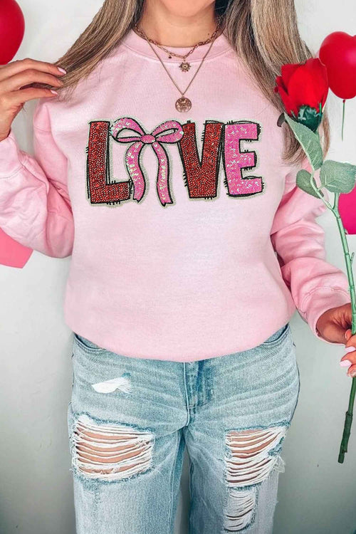 Pink Bow Love Sequin Pattern Valentine Sweatshirt Pink 50%Polyester+50%Cotton 671336bb5e38b236
