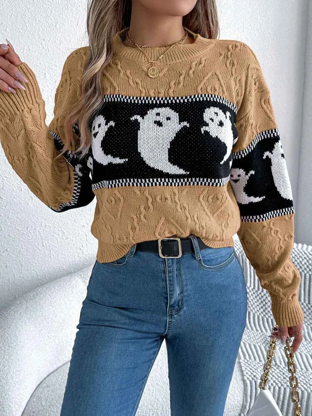 Ghost Round Neck Long Sleeve Sweater 6713d535-3a6e-4c66-8096-b3309dcda7bf-Max