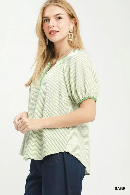 Checker Puff Sleeve Button Front Blouse 671653f8-5c04-47ff-8788-582c75c3de9e-Max-Origin