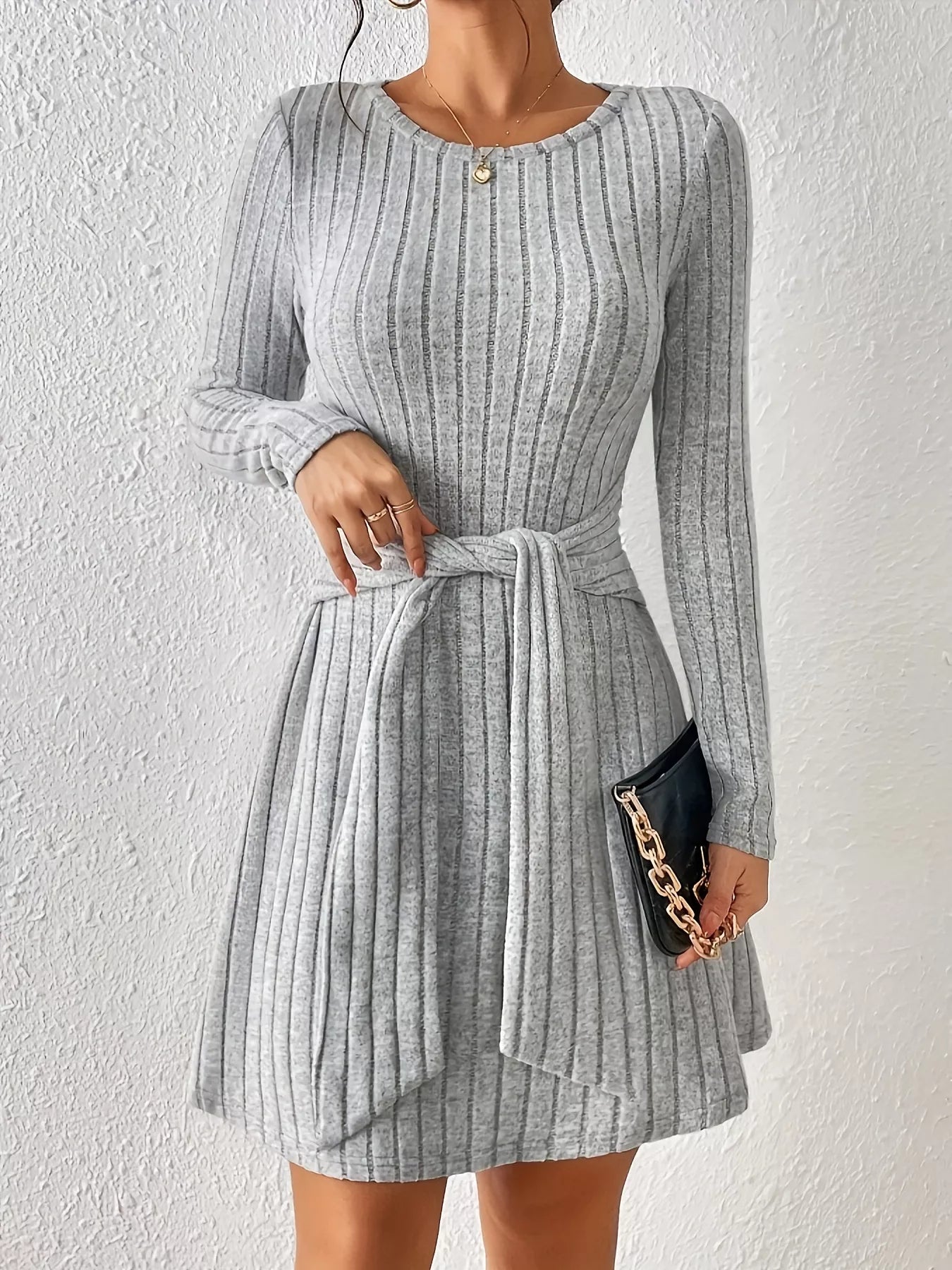 Ribbed Knit Tie Waist Long Sleeve Casual Dress 67195fbf054a4fdcb947da2f002e3524-Max-Origin