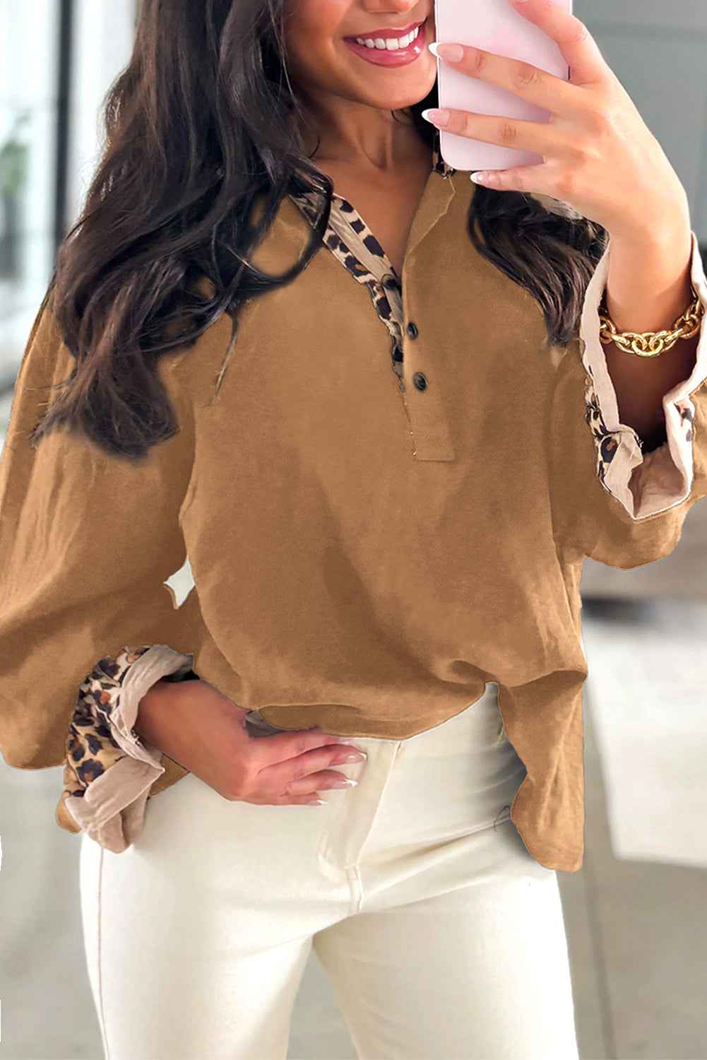 Camel Leopard Contrast V Neck Long Sleeve Blouse 6725b1d5c36db440