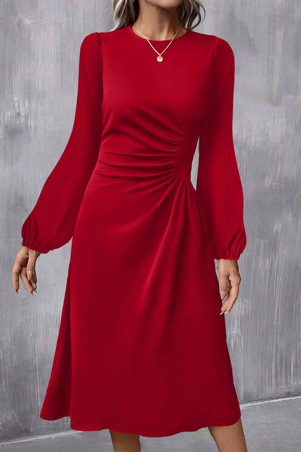Fiery Red Solid Color Ruched Detail Long Sleeve Midi Dress Fiery Red 50%Viscose+45%Polyester+5%Elastane 6726610327a5fef3