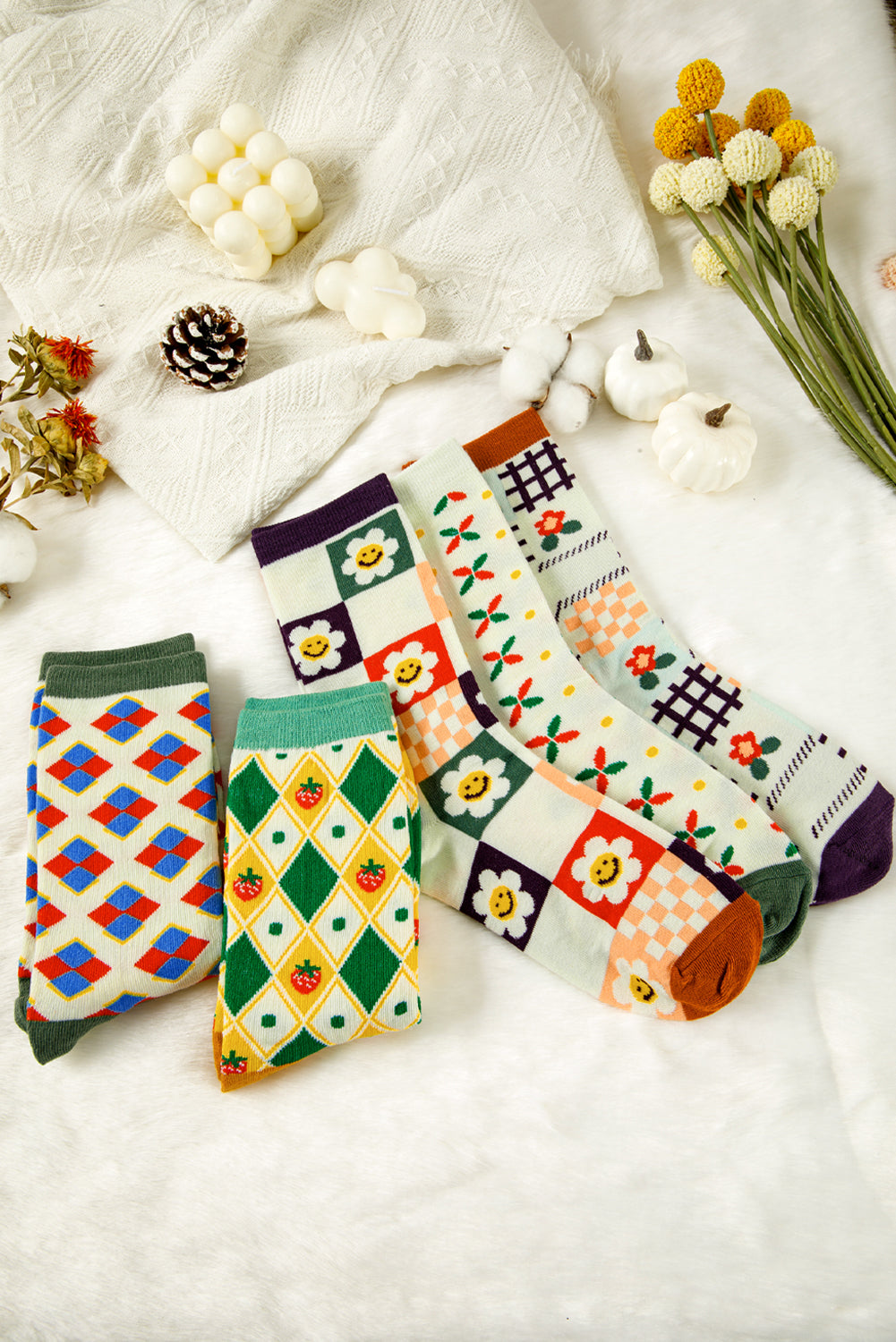 White Plaid Floral Cotton Crew Socks 6726e005fd5e022c