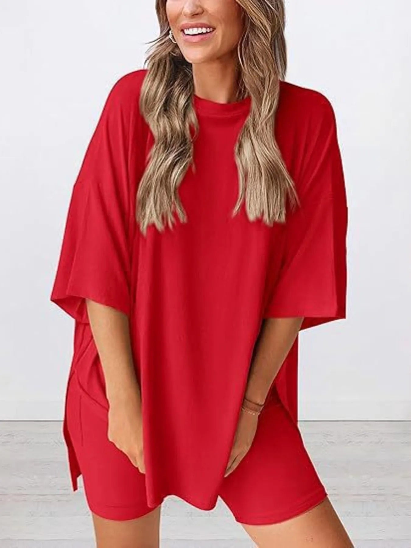 Full Size Oversized Slit Round Neck Top and Shorts Lounge Set Plus Size 67278fb699384749bb164fbd44983371-Max-Origin