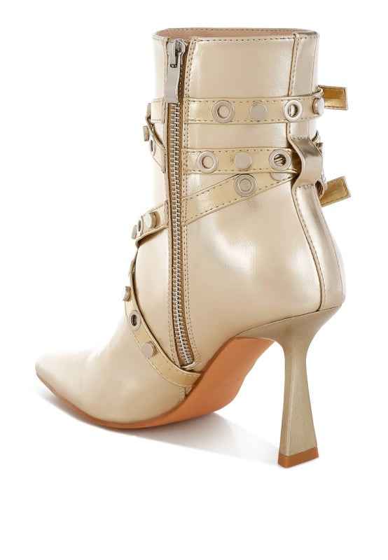 Marinta Metallic Slim Flared Heel Strappy Boots 6727d466-edab-4f2e-8b0e-d0b98d35edbe