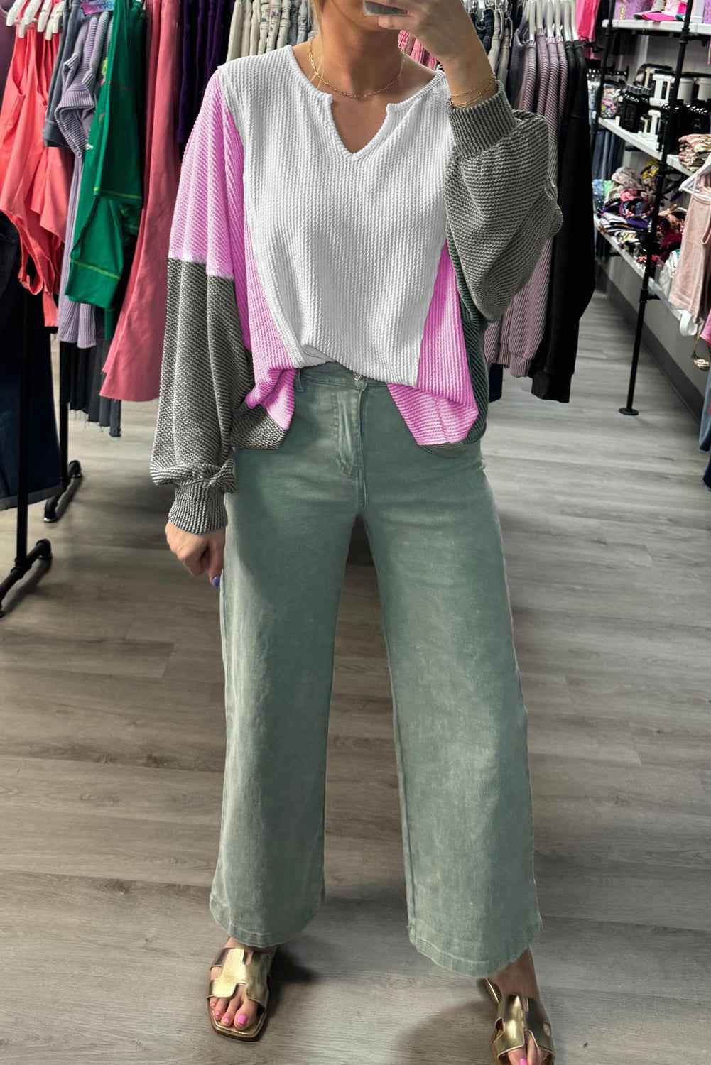 White Spiral Ribbed Raw Seam Color Block Patchwork Long Sleeve Top 672bfb61f5a251d4