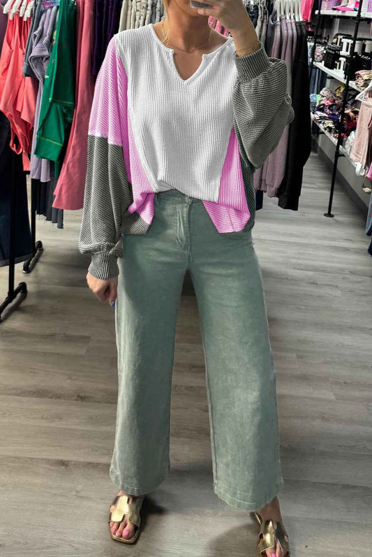 White Spiral Ribbed Raw Seam Color Block Patchwork Long Sleeve Top 672bfb61f5a251d4