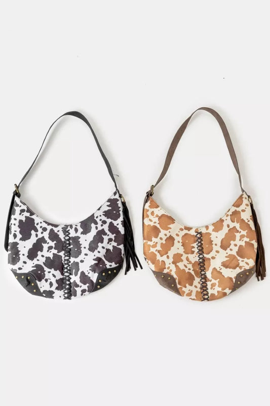 Fame Cow Print Hobo Shoulder Bag with Studded Details 672c9c67-974a-4b3c-9f98-8c45e7d033bd-Max-Origin