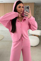 Pink Solid Color Zip Up Hoodie Drawstring Loose Pants Set 6743e02051926855