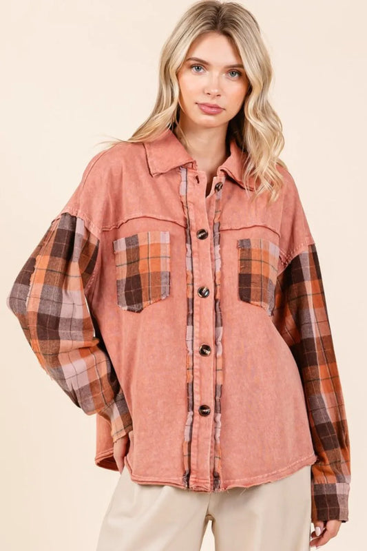 Button Down Contrast Plaid Patchwork Shacket 6744cc19-bccf-4a4a-888e-0bdcae30f757-Max