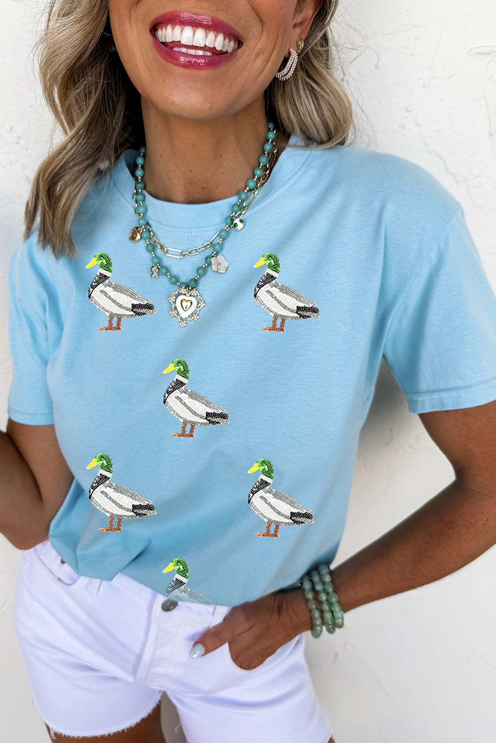 Light Blue Mallard Duck Graphic Sequins Patch Casual Tee 6746104a8b590aae