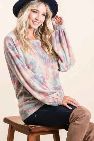 Brushed Tie Dye Print Top with Puff Sleeves TIE DYE 67492ec1a27849f2984d99621ed045d6-Max-Origin
