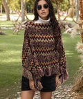 Red Fringe Trim Batwing Sleeve Poncho Sweater Multi 674ac22d-5d55-48e0-b8bd-89d7f5075691