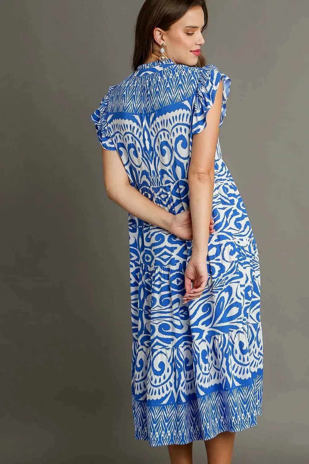 Umgee Full Size Two Tone Border Print Ruffle Cap Sleeve Midi Dress Plus Size 6751e57a-4076-4dde-89c0-87da7f36040e-Max