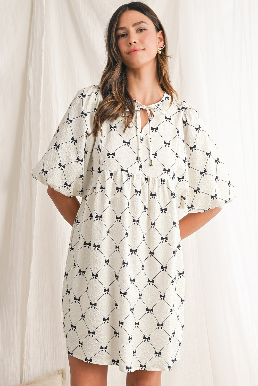White Sweet Bow Print Lantern Sleeve Mini Dress 676154db7322f228