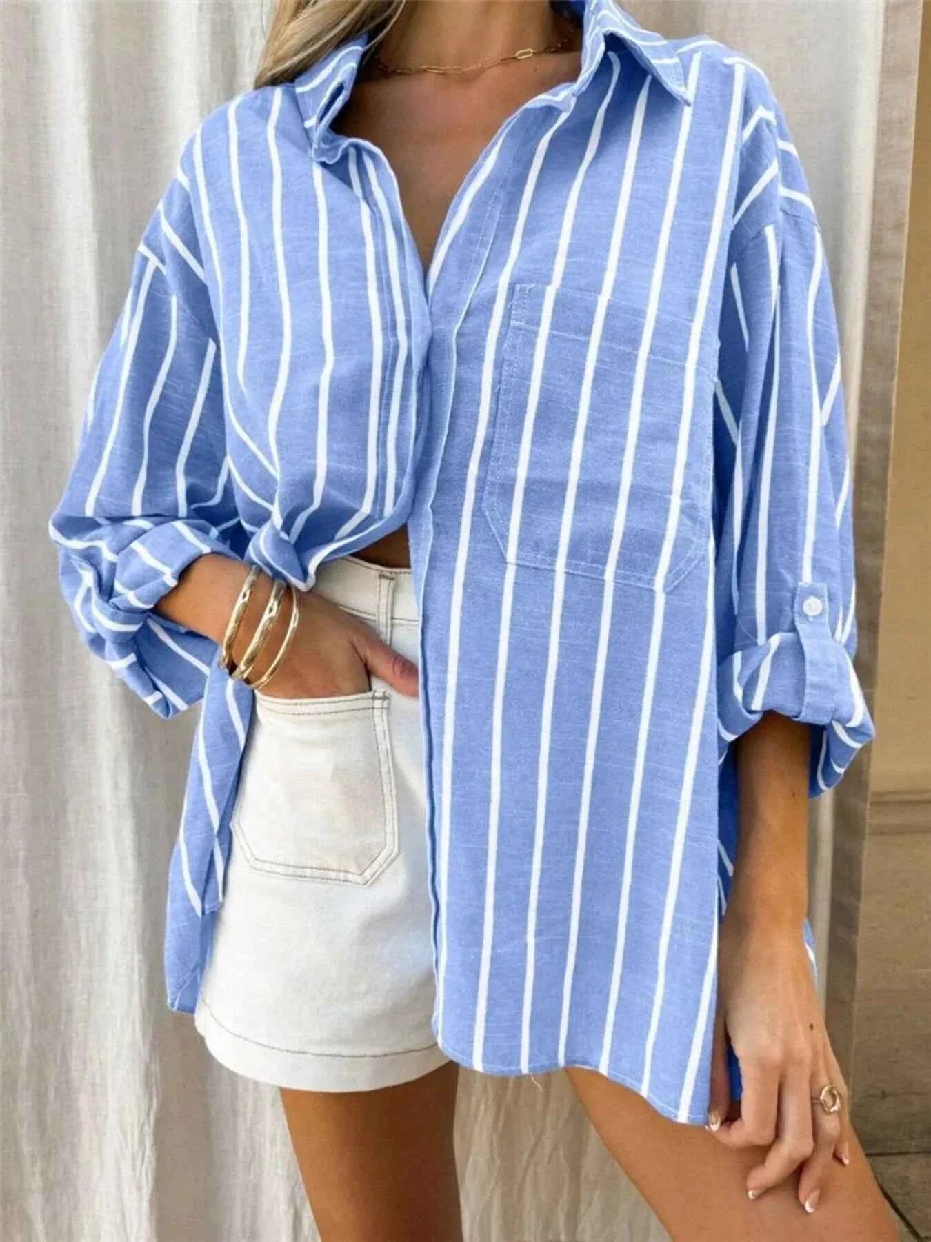 Striped Button-Up Shirt with Chest Pocket