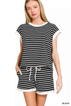 Zenana Stripe Contrast Trim Top & Shorts Set BLACK 6765b4a65a2945209eb00614619501a1-Max-Origin