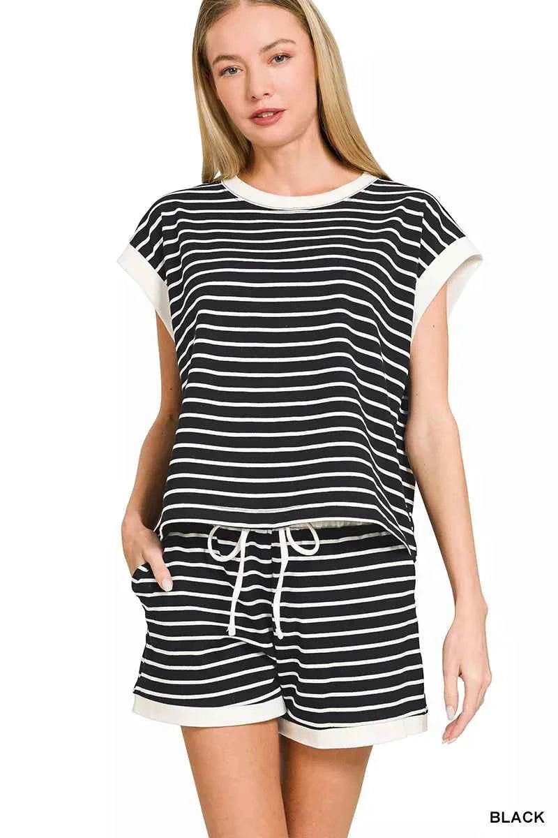 Zenana Stripe Contrast Trim Top & Shorts Set BLACK 6765b4a65a2945209eb00614619501a1-Max-Origin